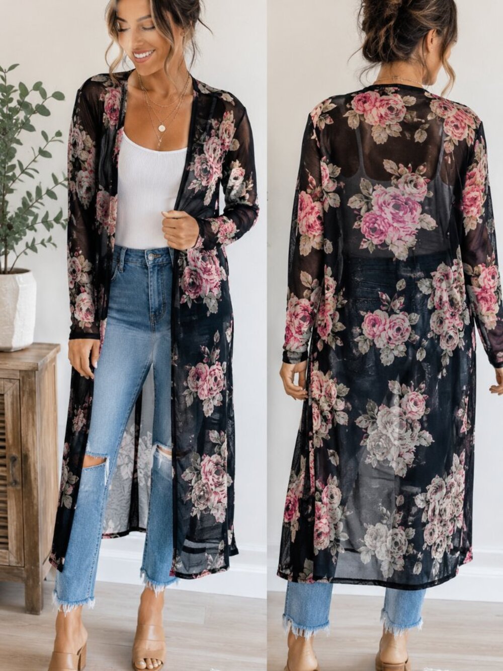 Miley + Molly Sheer Floral Duster Cardigan Black Pink Rose Mesh Kimono Boho